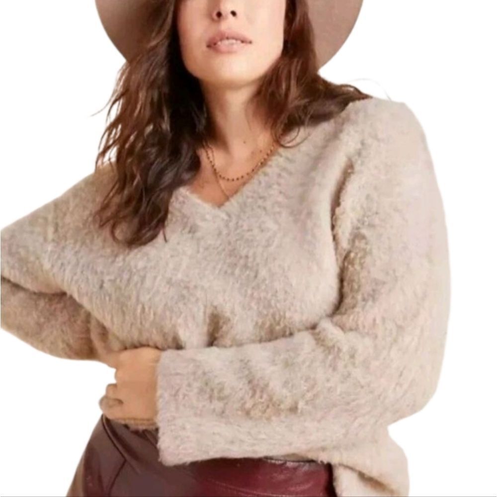 Maeve By Anthro Plush V-Neck Sweater Cozy Cream Fuzzy Sweater Wool Blend